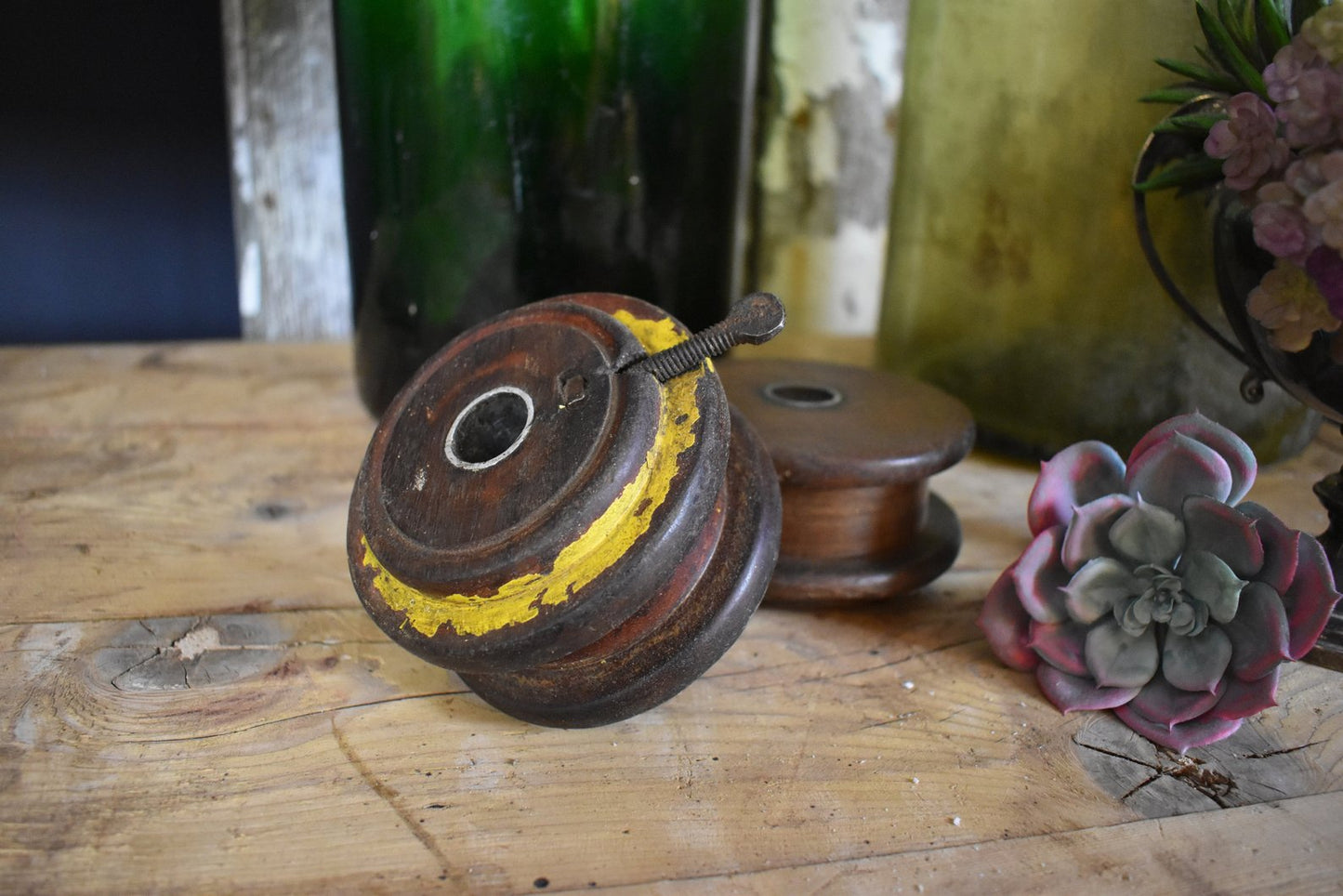 Vintage Rustic Wooden Spools| Distressed Wooden Textile Spools