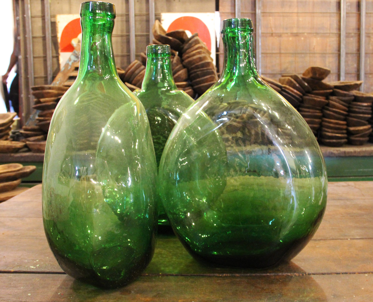 Demijohns -round green bottles